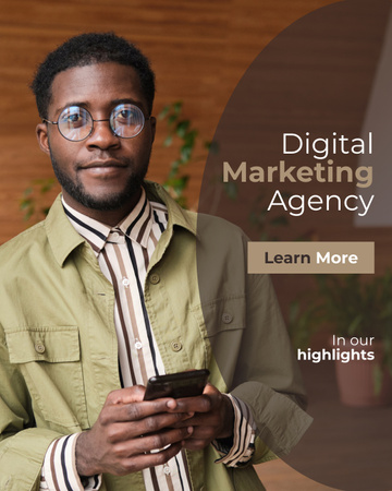 Designvorlage Dienstleistungen einer Agentur für digitales Marketing mit einem Mann, der das Telefon verwendet für Instagram Post Vertical
