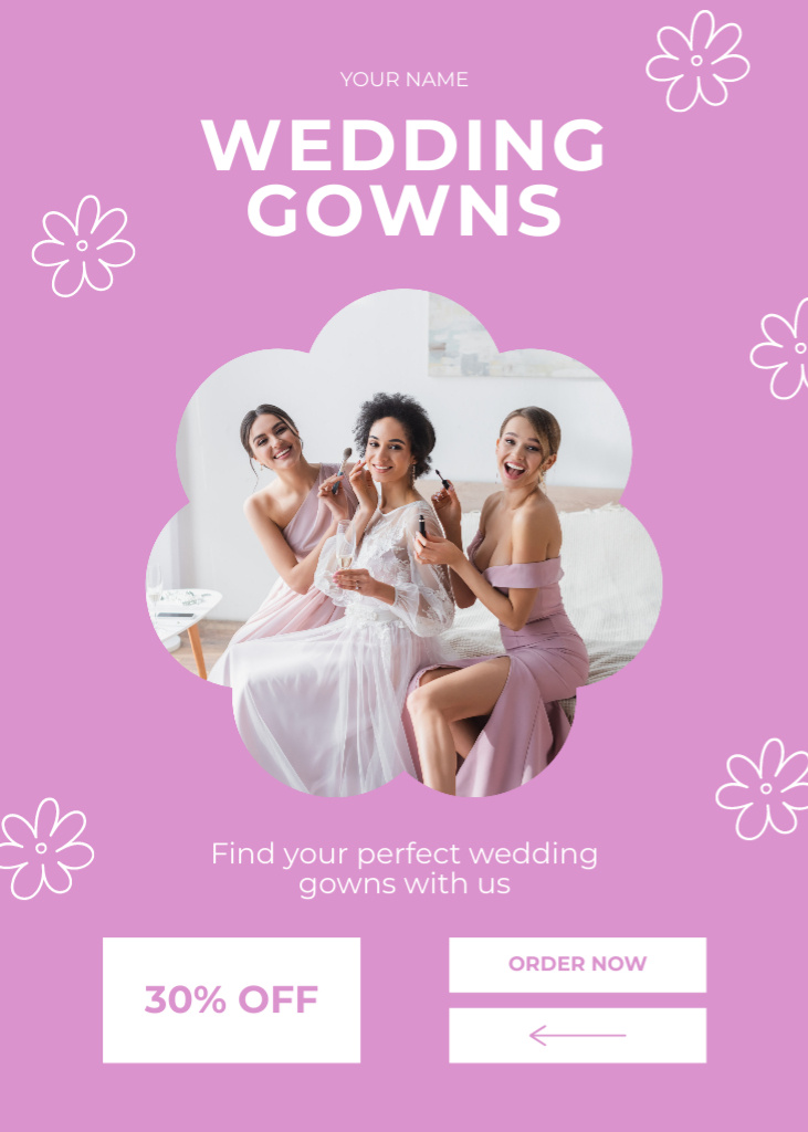 Szablon projektu Wedding Gowns Offer with Cheerful Bride and Bridesmaids Flayer