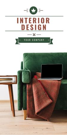 Designvorlage Modernes Innendesign mit Laptop auf grünem Sofa für Graphic