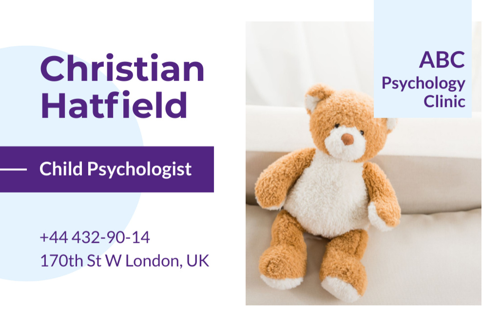 Child Psychologist Ad with Teddy Bear Business Card 85x55mm Πρότυπο σχεδίασης