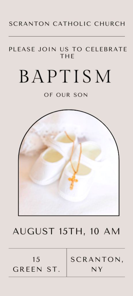 Plantilla de diseño de Baptism Ceremony Announcement with Tiny Baby Shoes Invitation 9.5x21cm 
