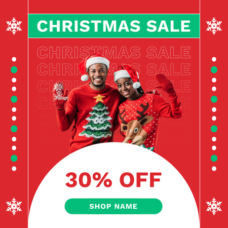 Cheerful African American Couple in Red Christmas Sweaters and Santa Hats Instagram AD Design Template