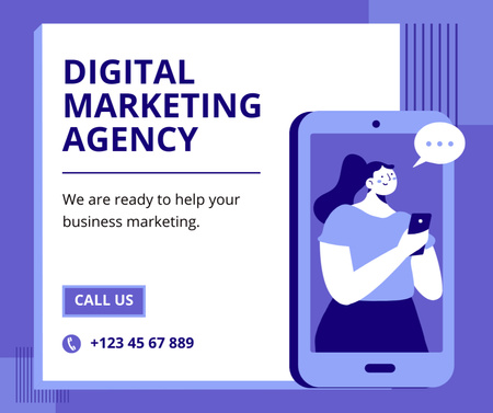 Digital Marketing Agency Services Ad with Illustration of Phone Facebook Design Template
