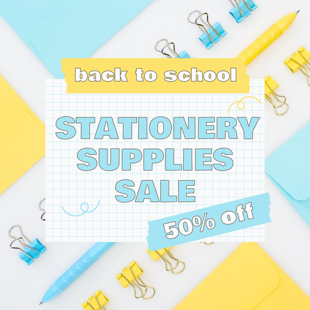 Discount on Stationery in Yellow and Blue Colors Instagramデザインテンプレート