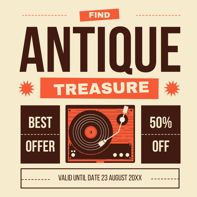 Antique Treasure And Vinyl Records On Turntable With Discounts Offer Instagram AD Tasarım Şablonu