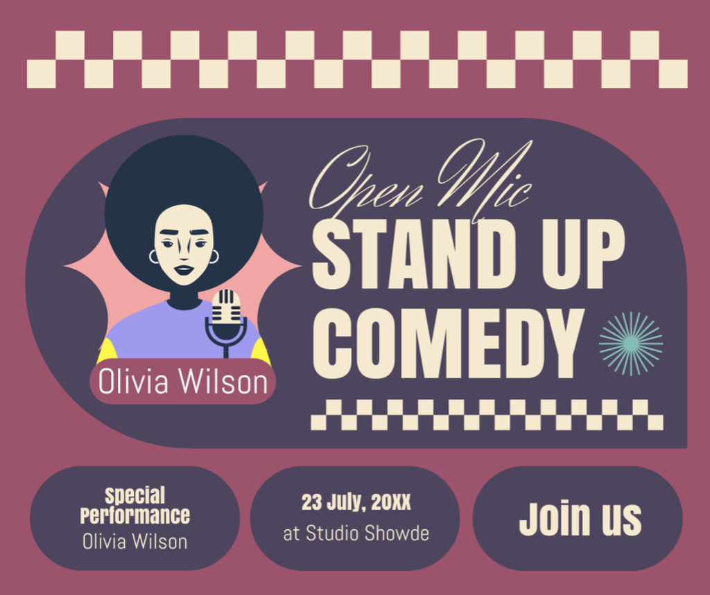 Designvorlage Standup Show Announcement with Female Comedian für Facebook