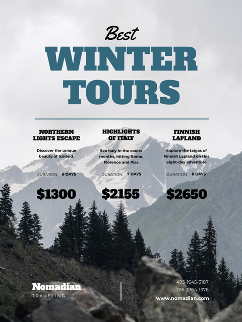 Winter Travel Tours by Mountains Poster US Design Template