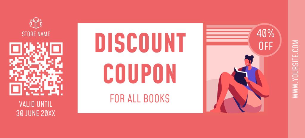 Template di design All Books Discount Voucher with Reading Woman Coupon 3.75x8.25in