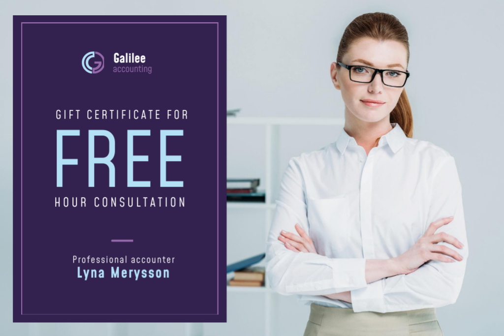 Business Consultation Offer with Confident Woman in Glasses Gift Certificate Πρότυπο σχεδίασης