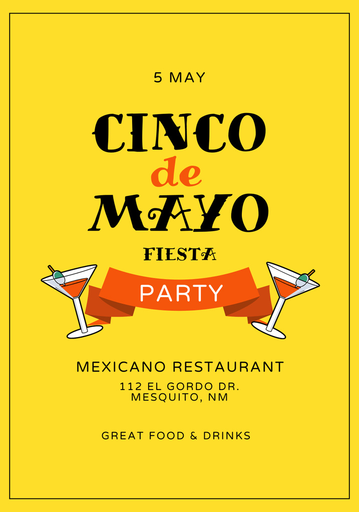 Cinco de Mayo Party on Yellow with Cocktail Glasses Poster 28x40in Design Template