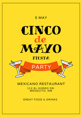 Cinco de Mayo Party on Yellow with Cocktail Glasses Poster 28x40in Šablona návrhu