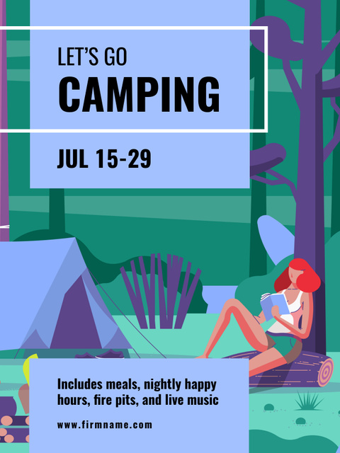 Illustration of Woman on Camping Trip Poster US Tasarım Şablonu