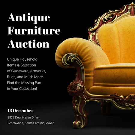Antique Furniture Auction Luxury Yellow Armchair Instagram AD Tasarım Şablonu