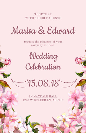 Wedding Invitation with Flowers on wooden background Flyer 5.5x8.5in Design Template
