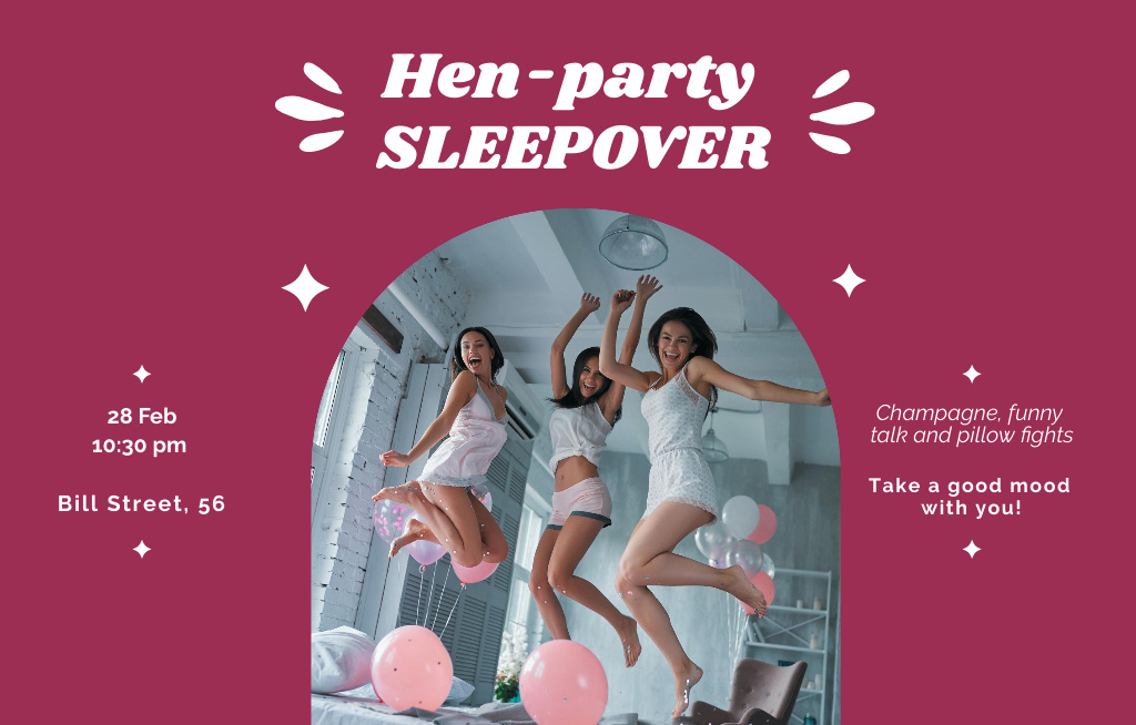 Designvorlage Sleepover Hen-Party on Viva Magenta für Invitation 4.6x7.2in Horizontal