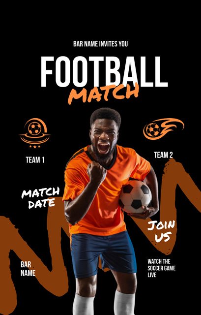 Football Match Announcement with Player with Ball Invitation 4.6x7.2in Design Template