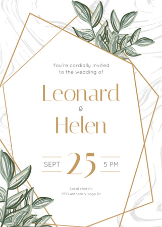 Wedding Event Announcement with Elegant Floral Frame and Leaves Invitation tervezősablon