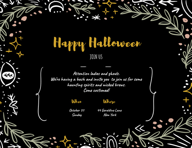Template di design Halloween Greeting With Ornament In Black Invitation 13.9x10.7cm Horizontal