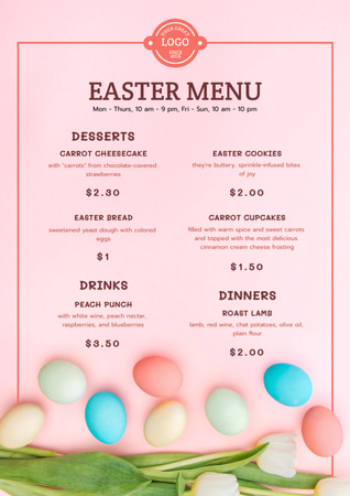 Oferta de refeições de Páscoa com ovos coloridos e tulipas macias Menu Modelo de Design