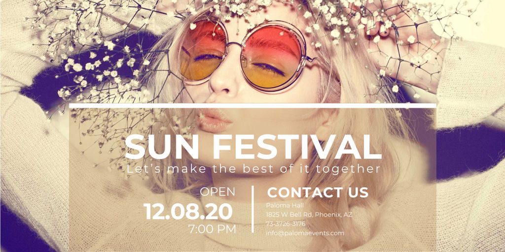 Sun Festival Announcement with Beautiful Young Woman Image Modelo de Design