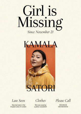 Announcement of Missing Girl Poster Design Template