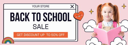 Designvorlage Schulverkauf mit kleinem Schulmädchen und rosa Buch für Tumblr