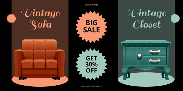 Ontwerpsjabloon van Twitter van Vintage-inspired Sofa And Closet With Discounts Offer