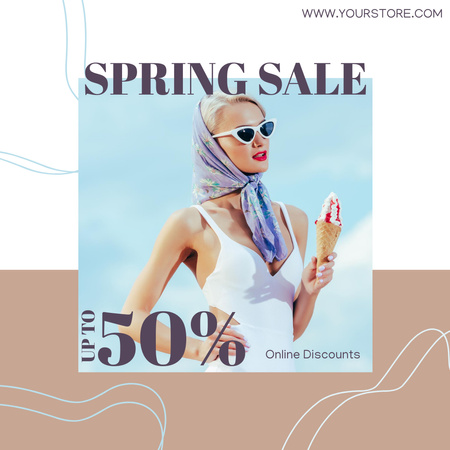 Spring Sale with Stylish Girl in Sunglasses and Scarf Instagram AD Design Template