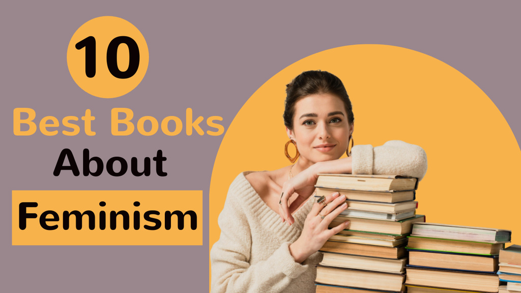 Young Woman Leaning on Stack of Books Youtube Thumbnail Design Template
