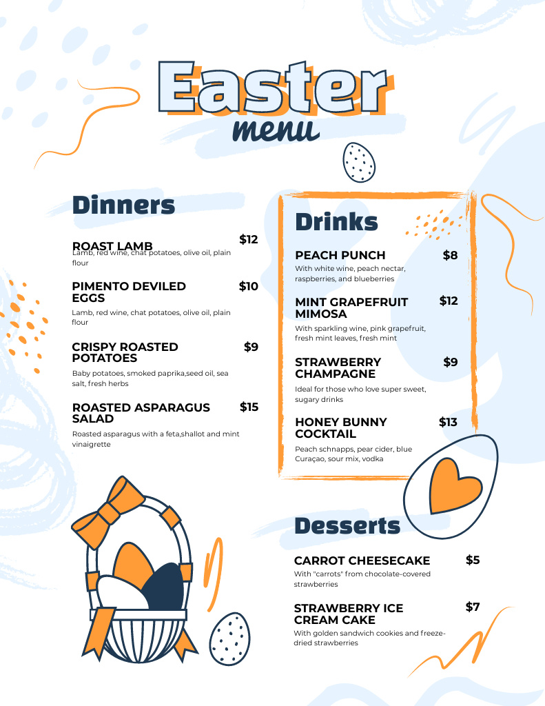 Easter Meals Offer with Festive Eggs Basket Menu 8.5x11inデザインテンプレート