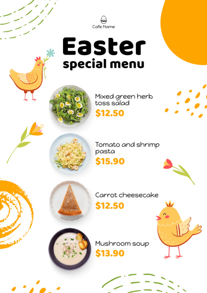 Easter Offer of Delicious Dishes with Cute Chicks Menu Modelo de Design