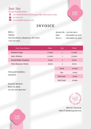 Pink Minimalist Invoice for Design Graphic Studio Template Template Invoice Šablona návrhu