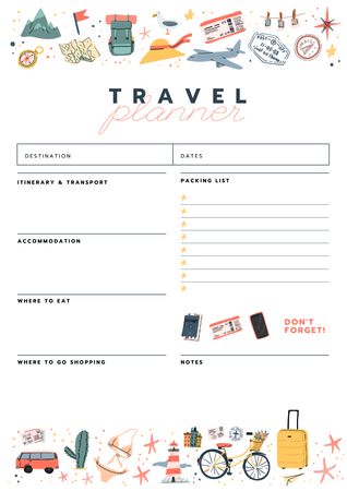 Designvorlage reiseplaner mit reisesymbolen für Schedule Planner