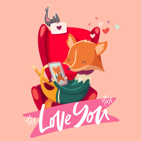 Plantilla de diseño de Tarjeta de amor con lindo zorro de dibujos animados en sillón Instagram 