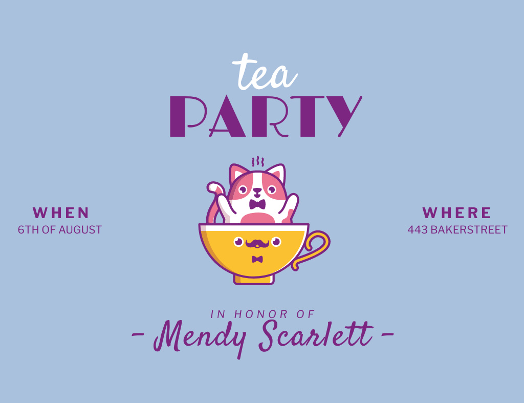 Template di design Tea Party Announcement With Cat And Cup Invitation 13.9x10.7cm Horizontal