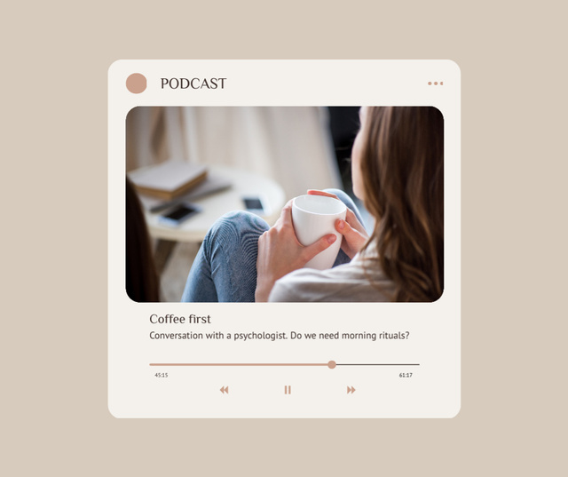 Podcast Ad with Woman in Bed holding Coffee Facebook Design Template