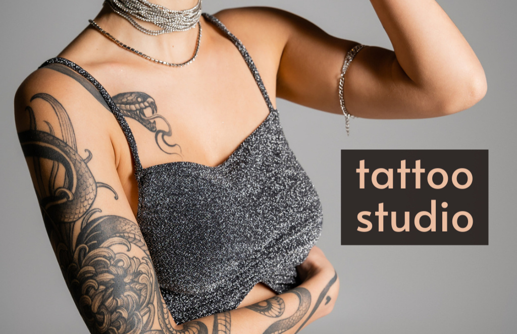 Tattoo Studio Services Offer With Artwork Sample Business Card 85x55mmデザインテンプレート