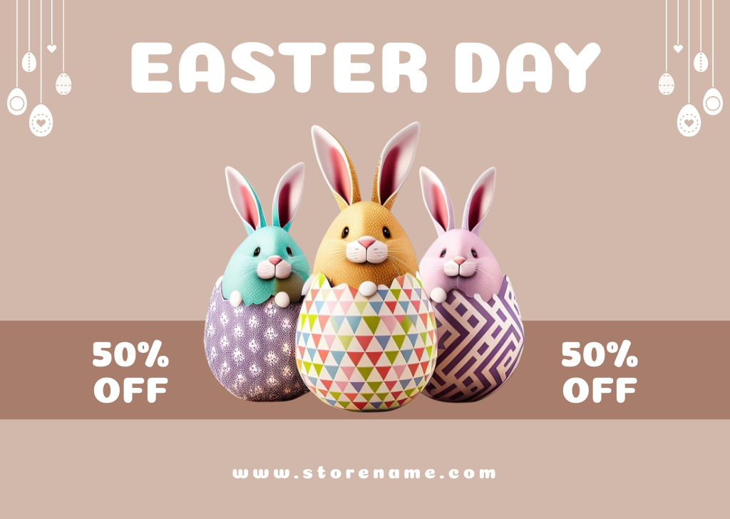 Plantilla de diseño de Easter Day Promotion with Cute Rabbits and Painted Eggs Card 