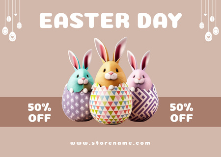 Template di design Promozione del giorno di Pasqua con simpatici conigli e uova dipinte Card