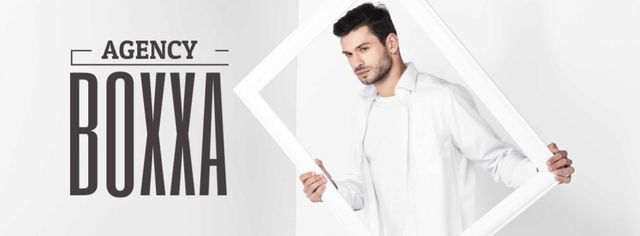 Designvorlage Creative agency ad Man Holding Frame in White für Facebook cover