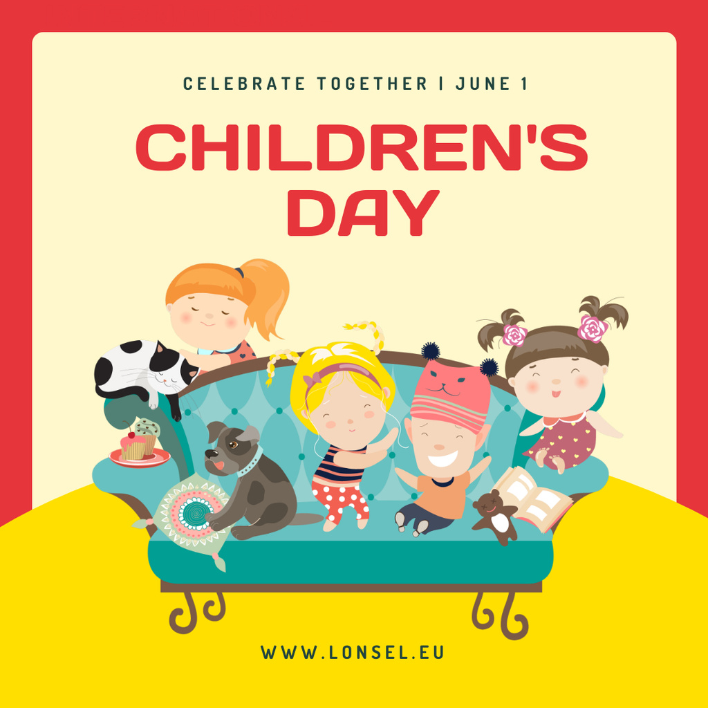 Happy kids on a sofa on Children's Day Instagramデザインテンプレート
