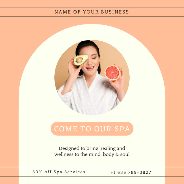 Spa Services Ad with Woman Holding Grapefruit and Avocado Instagramデザインテンプレート