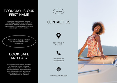 Yacht Rent Offer with Smiling Woman Brochure Modelo de Design