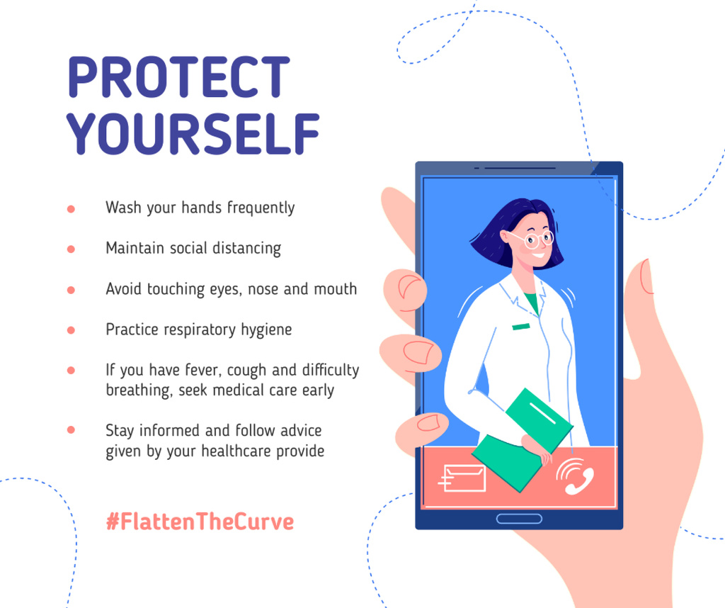 #FlattenTheCurve Preventive Recommendations with Doctor on screen Facebook – шаблон для дизайну