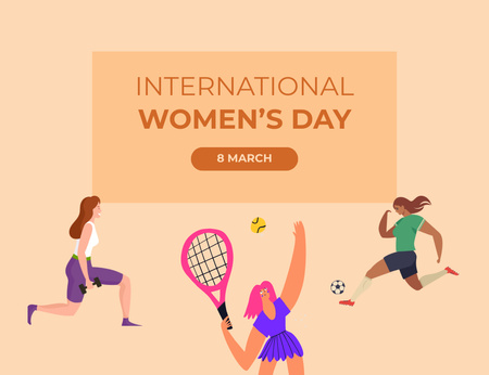 Modèle de visuel Salutation pour la Journée de la femme avec illustration de filles sportives sur beige - Thank You Card 5.5x4in Horizontal