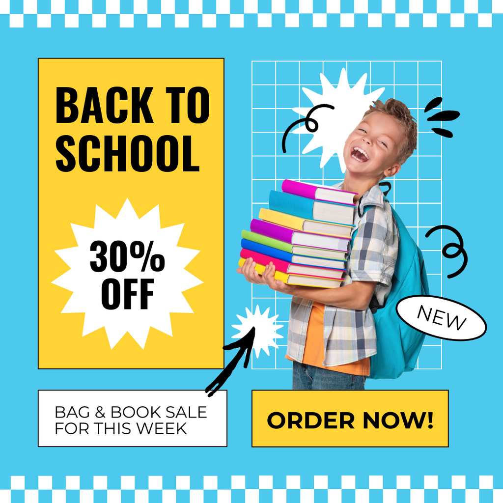 Plantilla de diseño de Discount Announcement with Cheerful Schoolboy with Books Instagram 