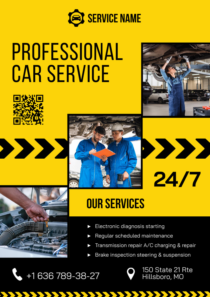 Offer of Professional Car Service with Workers Poster Modelo de Design