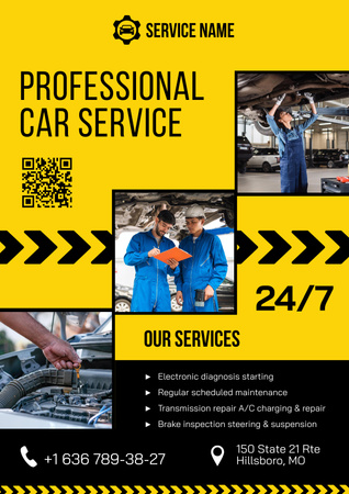 Offer of Professional Car Service with Workers Poster Design Template