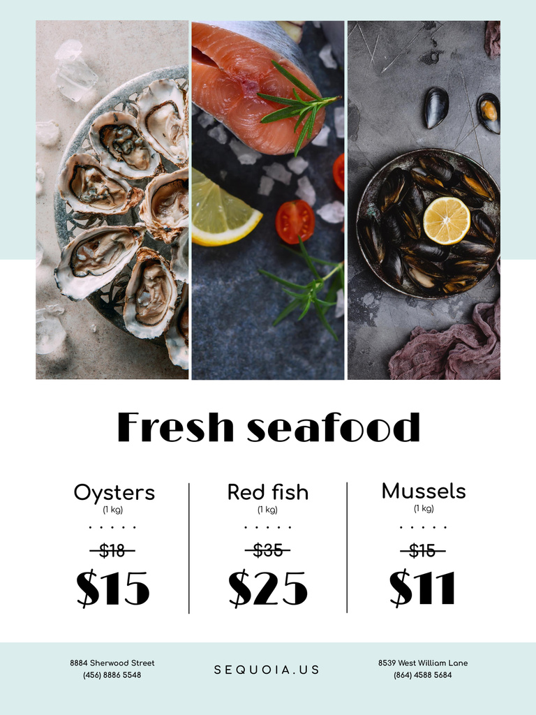 Tasty Seafood Offer with Salmon and Mollusks At Discounted Rates Poster 36x48in Πρότυπο σχεδίασης