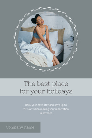 Stylish Happy Young Woman Relaxing in Bed in Hotel Room Pinterest Design Template